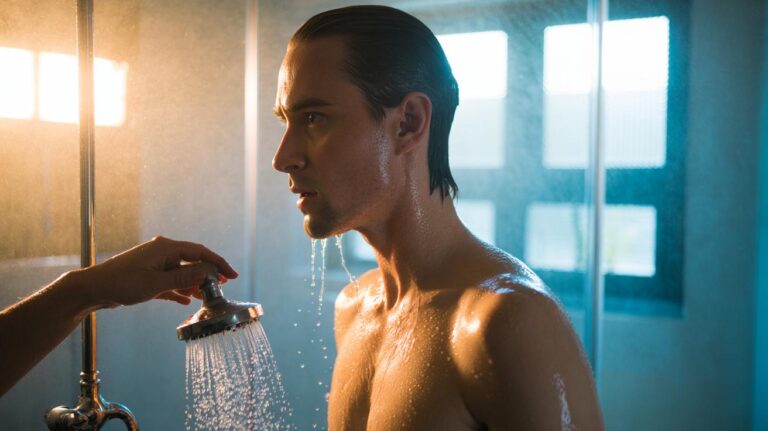 Illustration of a person finishing a warm shower with a brief cold rinse to boost morning alertness