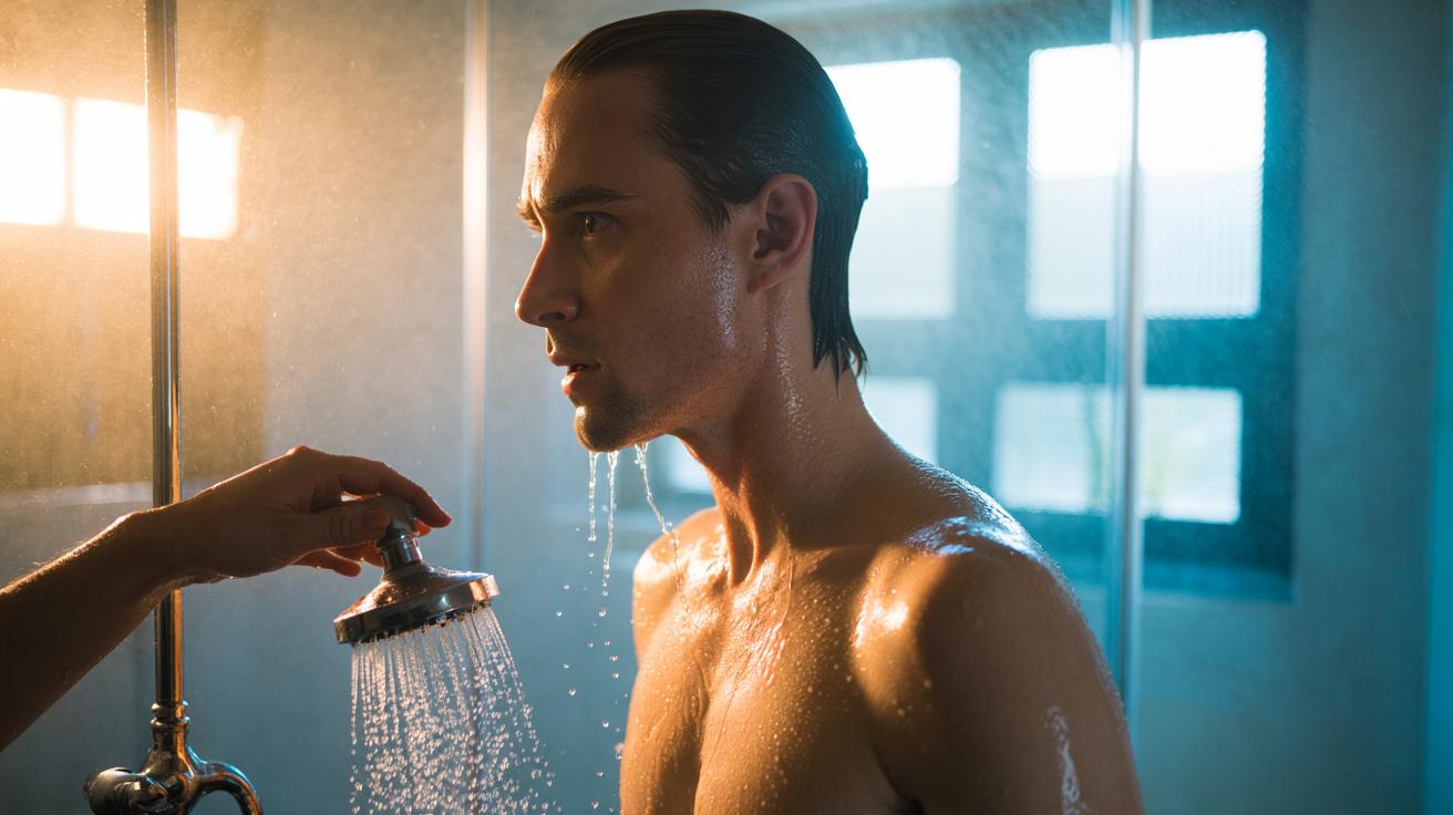 Illustration of a person finishing a warm shower with a brief cold rinse to boost morning alertness