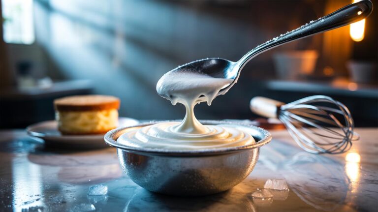 Illustration of a chilled metal spoon dipped into whipped cream, showing a firm ridge that indicates perfect stiffness