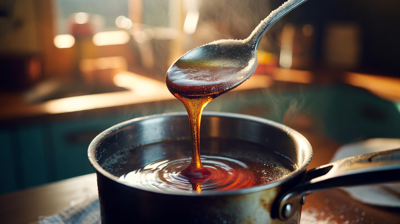 Illustration of the cold spoon test with a chilled metal spoon lifted from hot sugar syrup, forming glassy caramel threads that signal hard-crack readiness