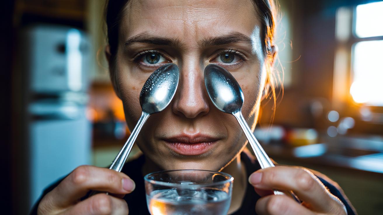 Illustration of a person applying chilled stainless steel teaspoons to the under-eye area to reduce puffiness