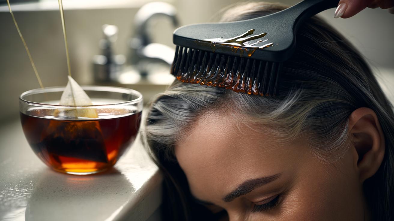 Illustration of a cold black tea hair rinse being applied to grey roots with a tint brush for temporary colour from tannins