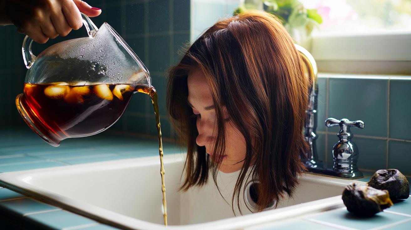Illustration of cold black tea being poured over brassy hair to neutralise orange tones and restore a rich brown colour