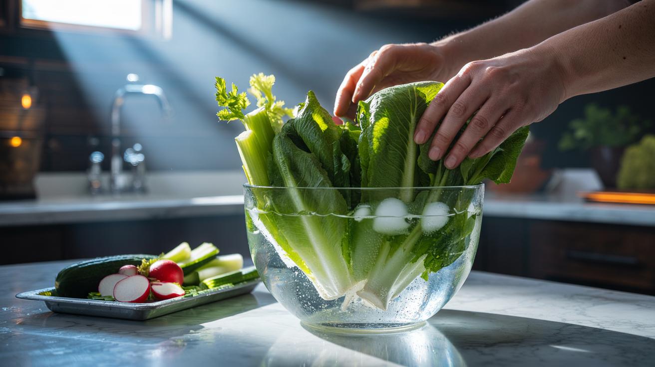 Illustration of leafy greens and celery submerged in an ice-water bath to restore crispness through temperature shock