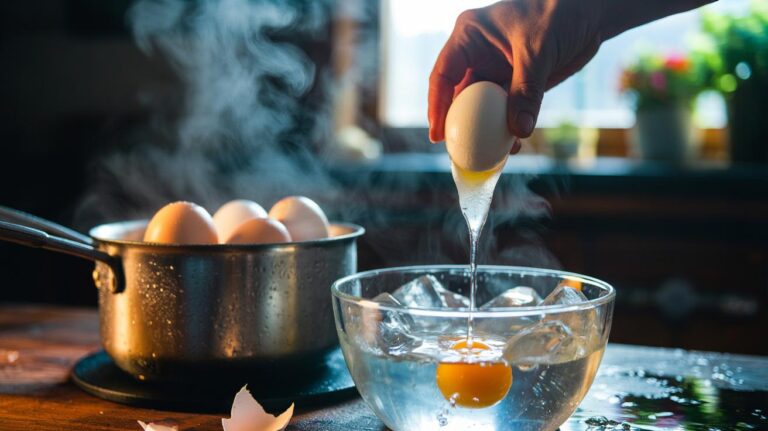 Illustration of hot boiled eggs being plunged into an ice bath to contract the membrane for easy peeling.