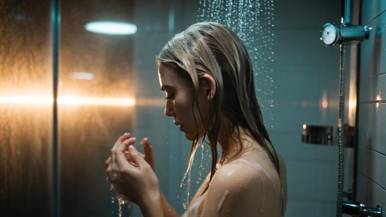 Illustration of rinsing hair conditioner at the right time to maintain softness.