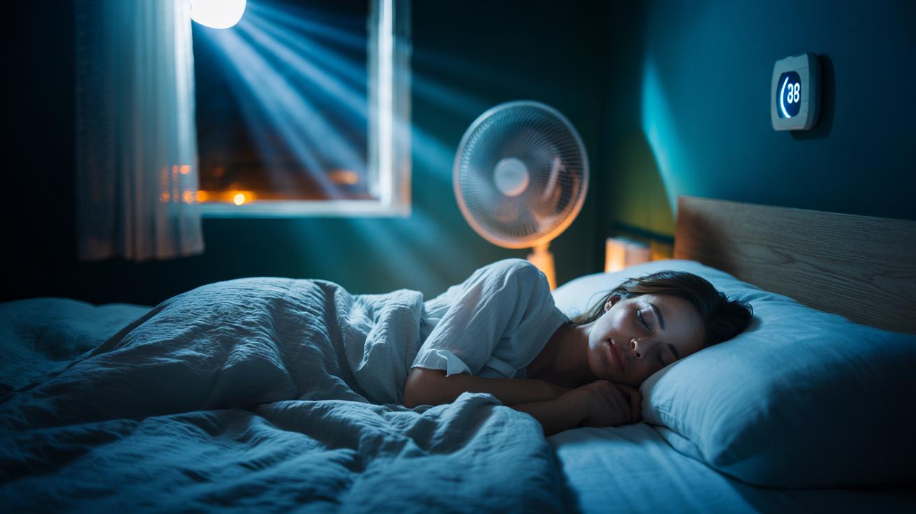 Illustration of a person sleeping in a cool, dark bedroom with a thermostat set to 18°C