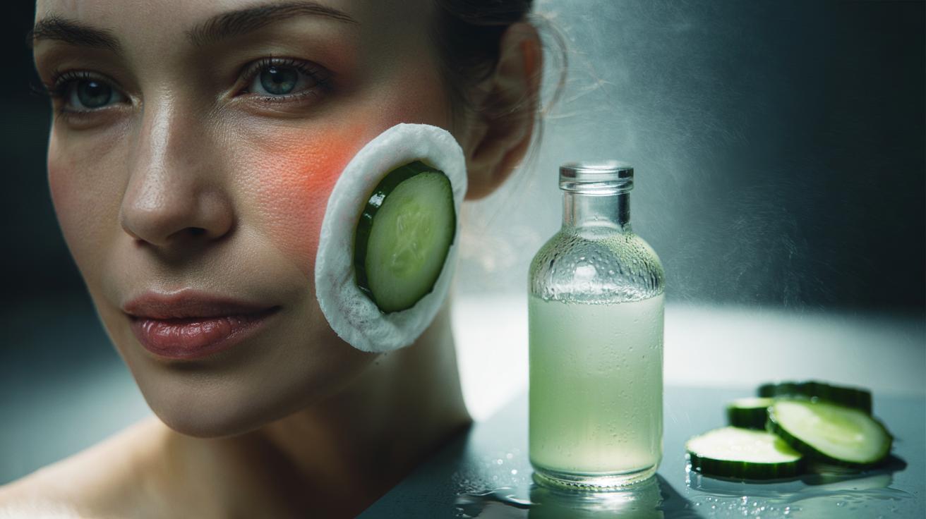 Illustration of chilled cucumber juice toner applied with a cotton pad to calm facial redness