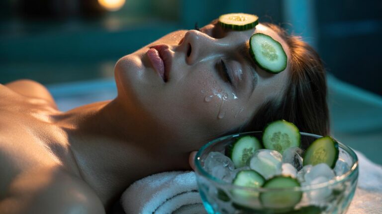 Illustration of chilled cucumber slices placed over closed eyes to reduce puffiness