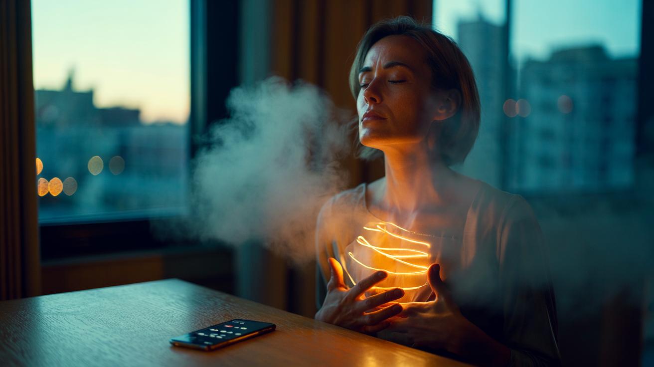 Illustration of a person practising a deep-breath pause to calm the nervous system and reduce stress hormones