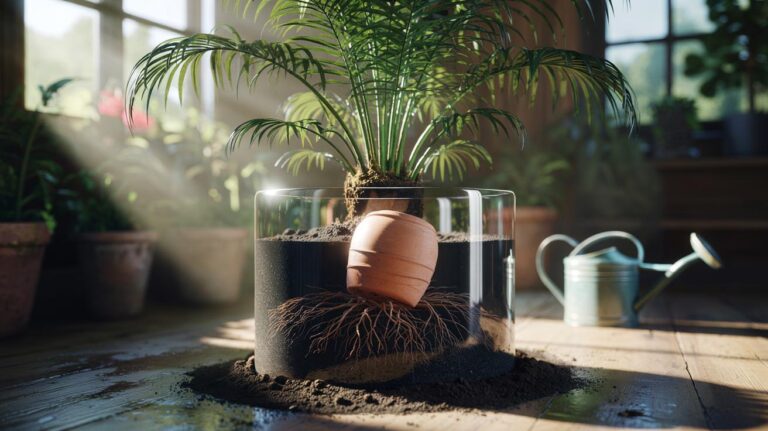 Illustration of a deep-watering jug buried in the root zone of a palm, delivering slow, even moisture to the root ball