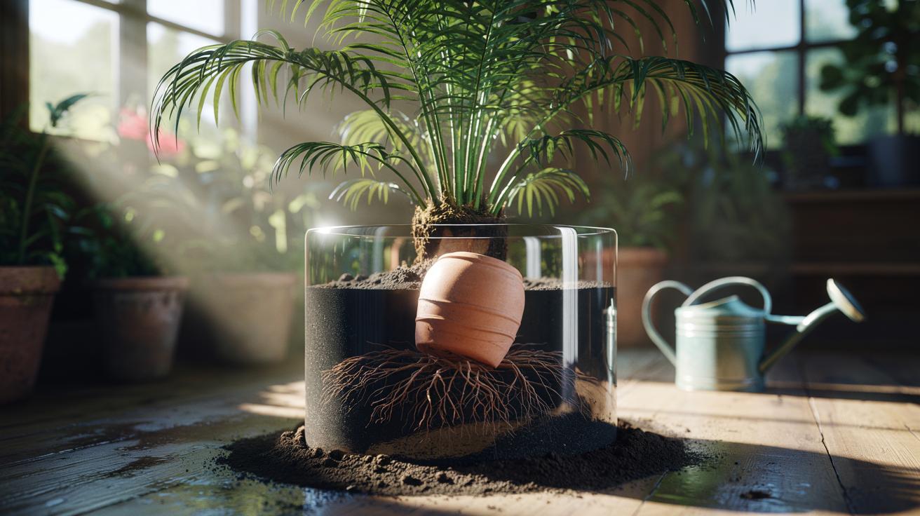 Illustration of a deep-watering jug buried in the root zone of a palm, delivering slow, even moisture to the root ball