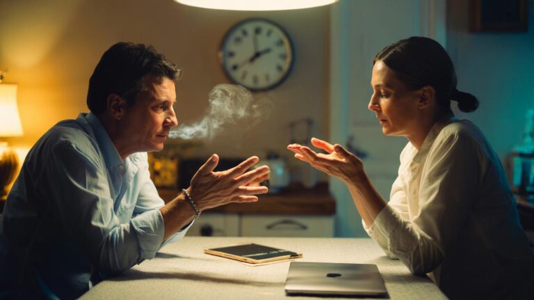 Illustration of two people in a tense conversation taking a brief pause before responding to reduce emotional intensity