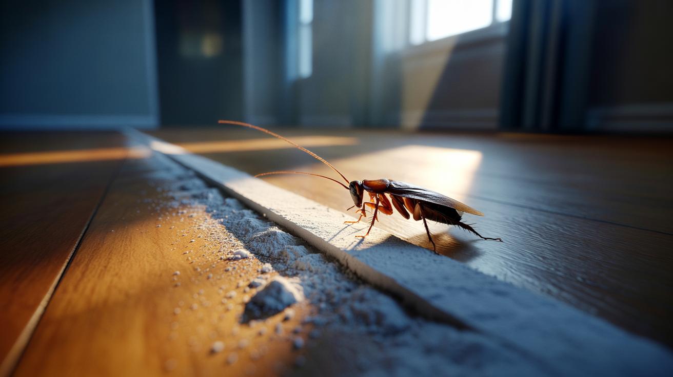 Illustration of diatomaceous earth forming a thin barrier whose microscopic shards pierce insect shells to dehydrate crawling pests