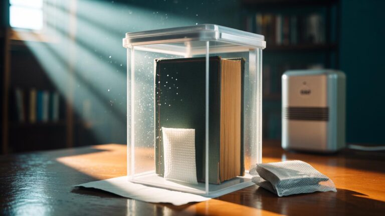 Illustration of a dryer sheet placed near a closed book inside a ventilated container to gently remove musty odours