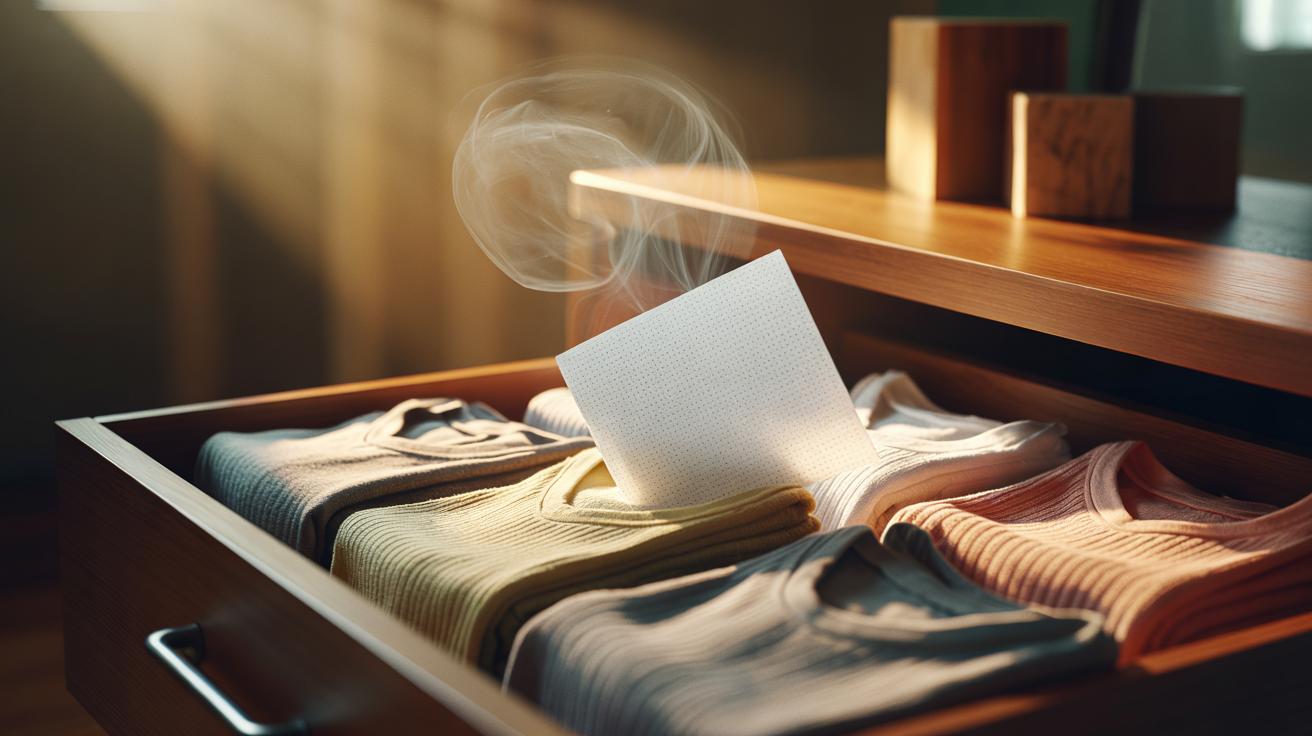 Illustration of a dryer sheet tucked into a drawer of folded clothes to keep garments smelling fresh for months
