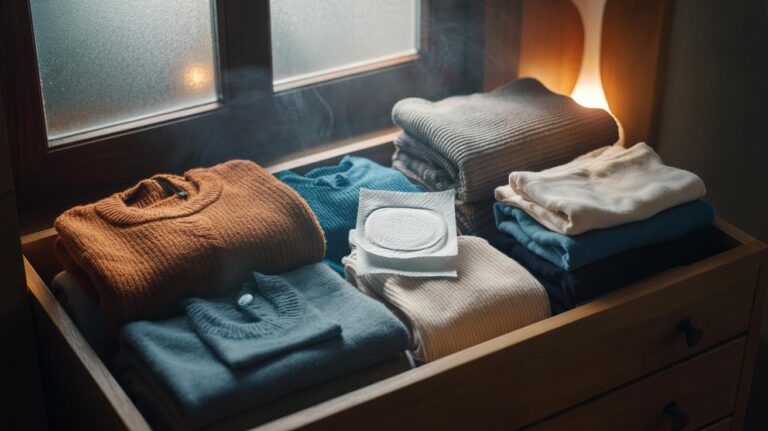 Illustration of a dryer sheet tucked among folded clothes in a drawer to neutralise static cling during winter