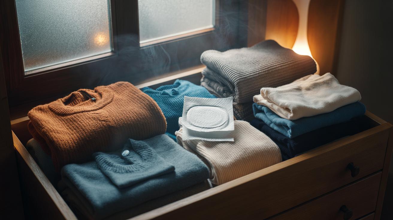 Illustration of a dryer sheet tucked among folded clothes in a drawer to neutralise static cling during winter