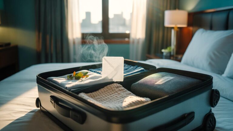 Illustration of a dryer sheet tucked inside an open suitcase with neatly folded clothes, keeping garments fresh for the entire trip