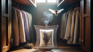 Illustration of a scented dryer sheet placed inside a wardrobe to keep clothes moths away naturally without chemical pesticides