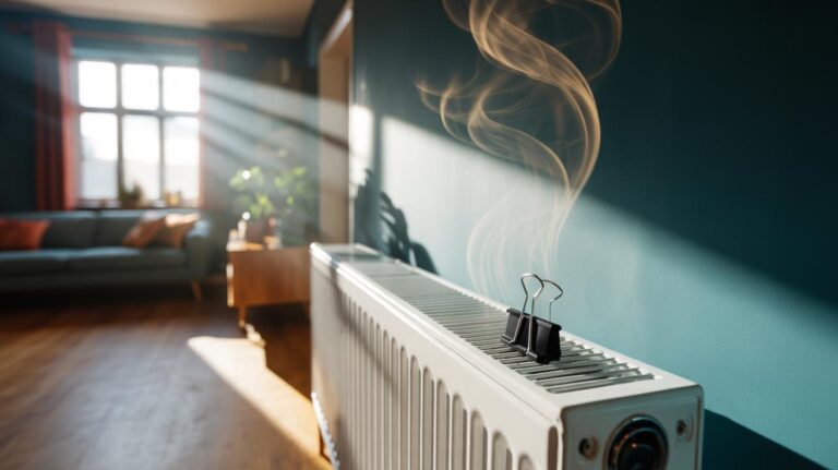 Illustration of a dryer sheet placed on a warm radiator releasing fragrance throughout a room all day
