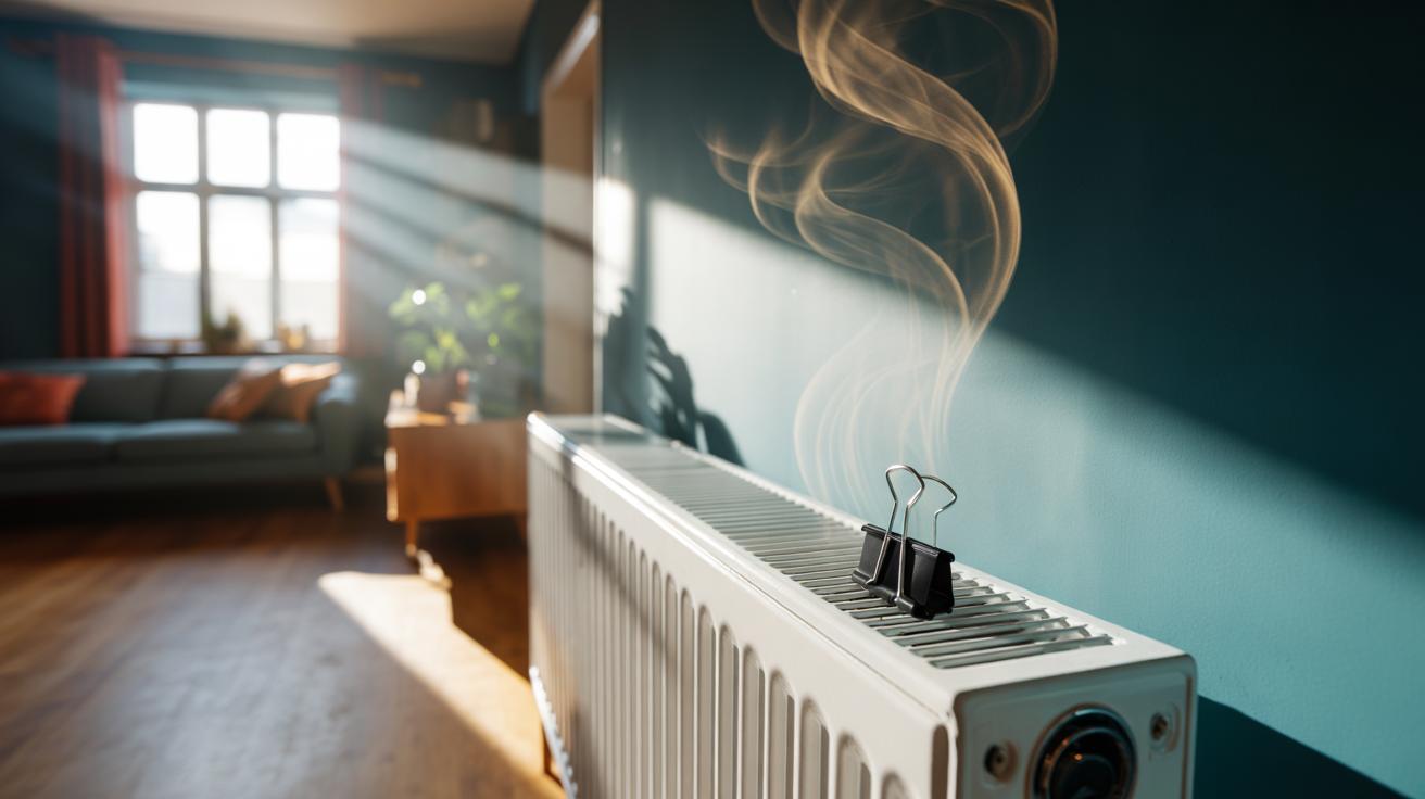Illustration of a dryer sheet placed on a warm radiator releasing fragrance throughout a room all day