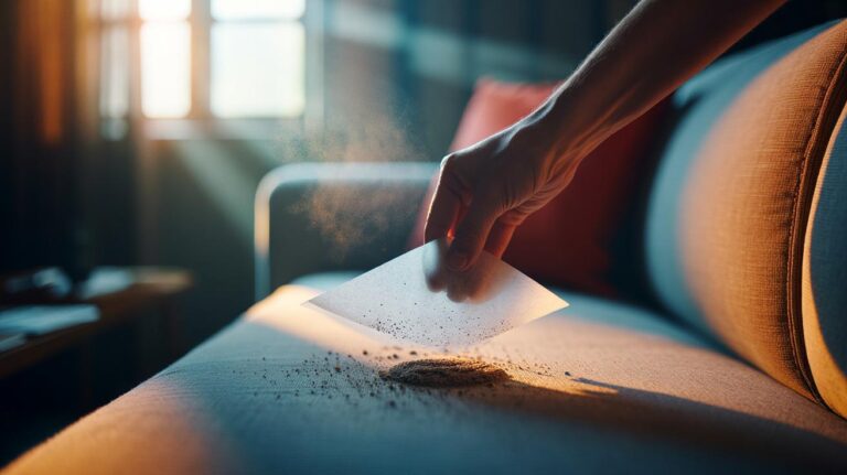 Illustration of a dryer sheet tucked under a sofa cushion trapping dust, lint, and crumbs via static electricity