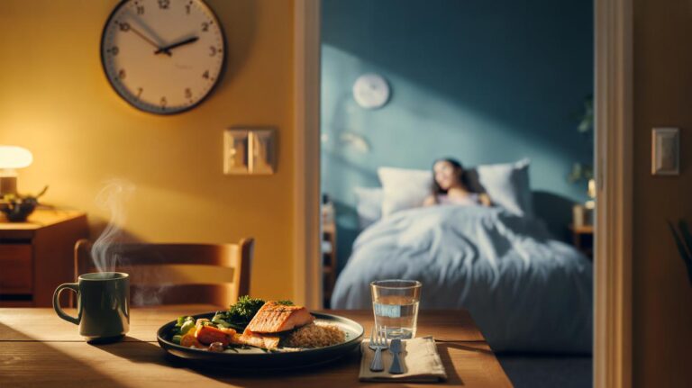 Illustration of the earlier-dinner switch that improves sleep comfort by aligning digestion timing with nighttime rest