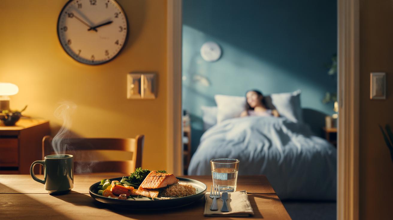 Illustration of the earlier-dinner switch that improves sleep comfort by aligning digestion timing with nighttime rest