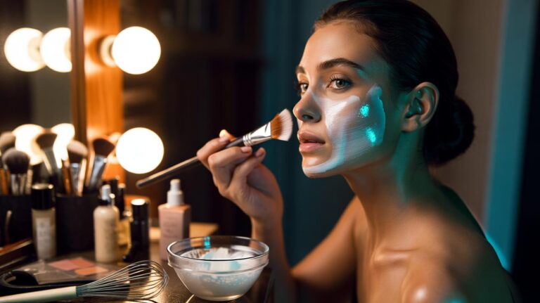 Illustration of an egg white facial mask being applied before makeup to create an instant albumin lift