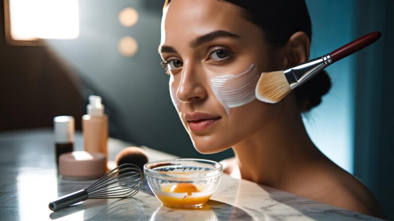Illustration of a person applying an egg white mask before makeup to tighten pores and give an instant lift