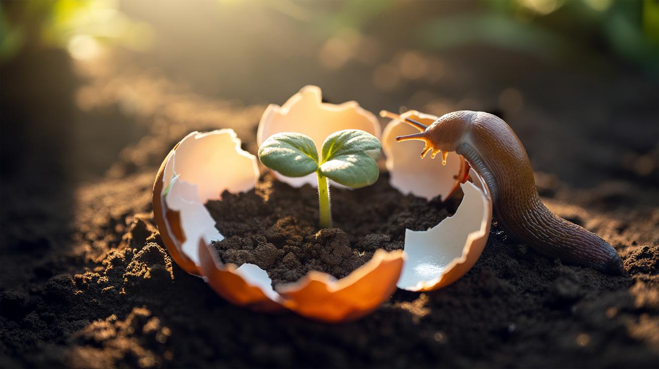 Illustration of a crushed eggshell ring around a seedling deterring a slug, highlighting the sharp, jagged edges that irritate soft bodies without chemicals