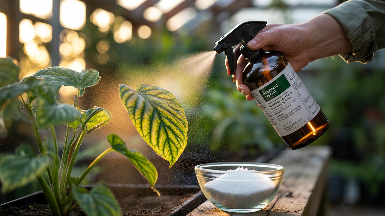 Illustration of a gardener foliar-spraying magnesium sulfate (Epsom salt) onto yellowing, interveinally chlorotic leaves to restore chlorophyll