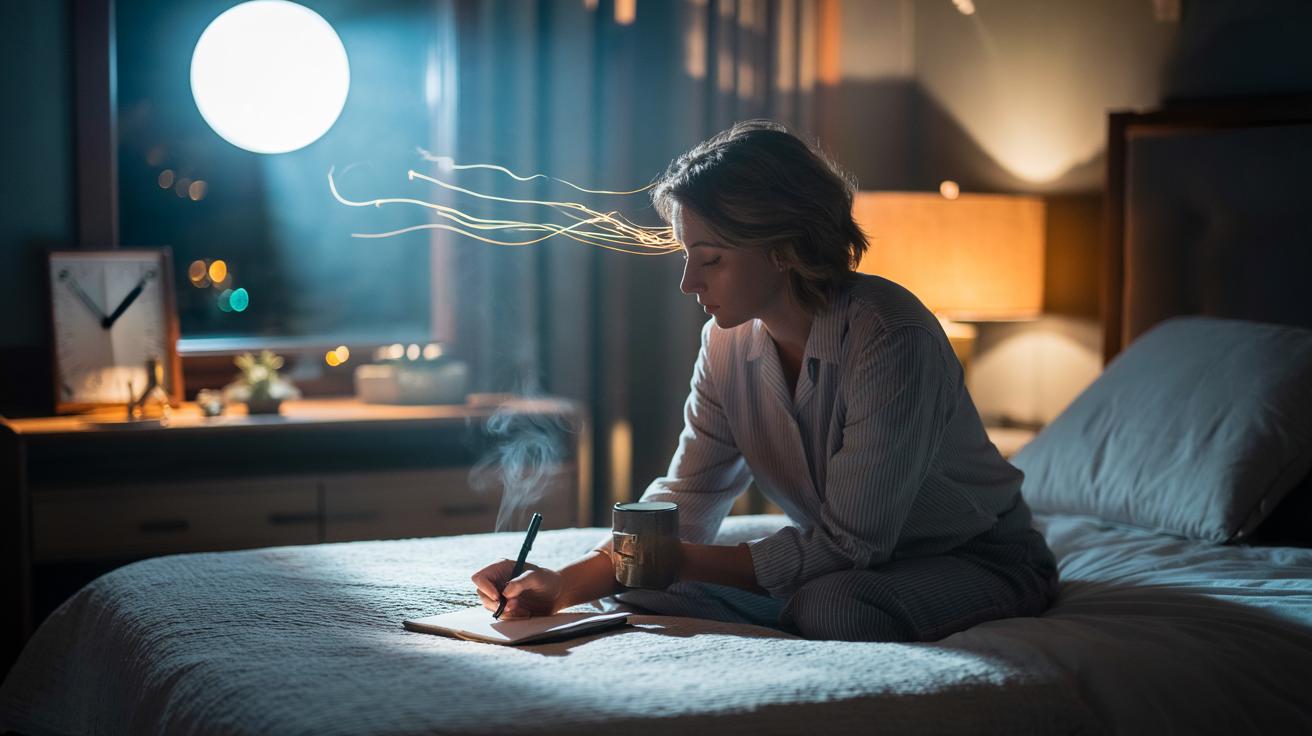 Illustration of a person doing an evening brain-dump in a bedside notebook to quiet thoughts and ease insomnia