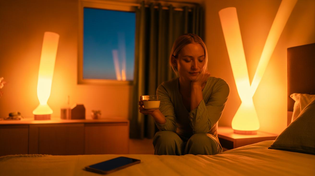 Illustration of evening-light dimming in a home, using warm, low-level lamps and reduced blue light to cue melatonin release and circadian wind-down