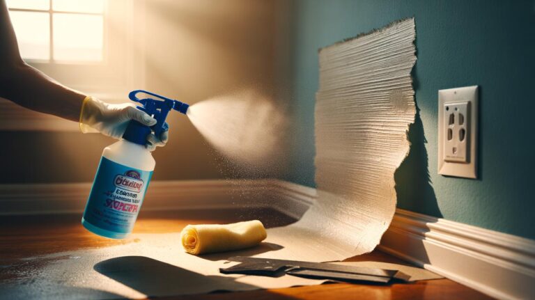 Illustration of a hand using a fabric softener and warm water spray to loosen wallpaper glue before scraping