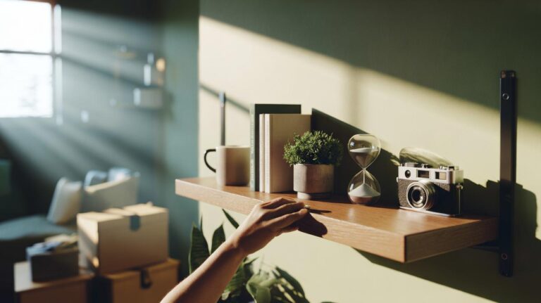 Illustration of a decluttered shelf displaying five carefully selected items, representing the five-item rule that speeds up decision-making