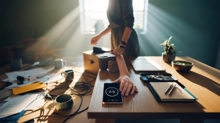 Illustration of a person using a timer to declutter a desk in five minutes to reduce visual stress