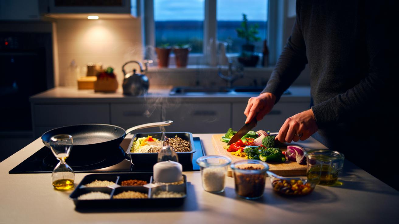 Illustration of a five-minute meal prep routine using micro-preparation—chopped vegetables, pre-cooked grains, and a jar dressing—to reduce evening stress and save mental energy