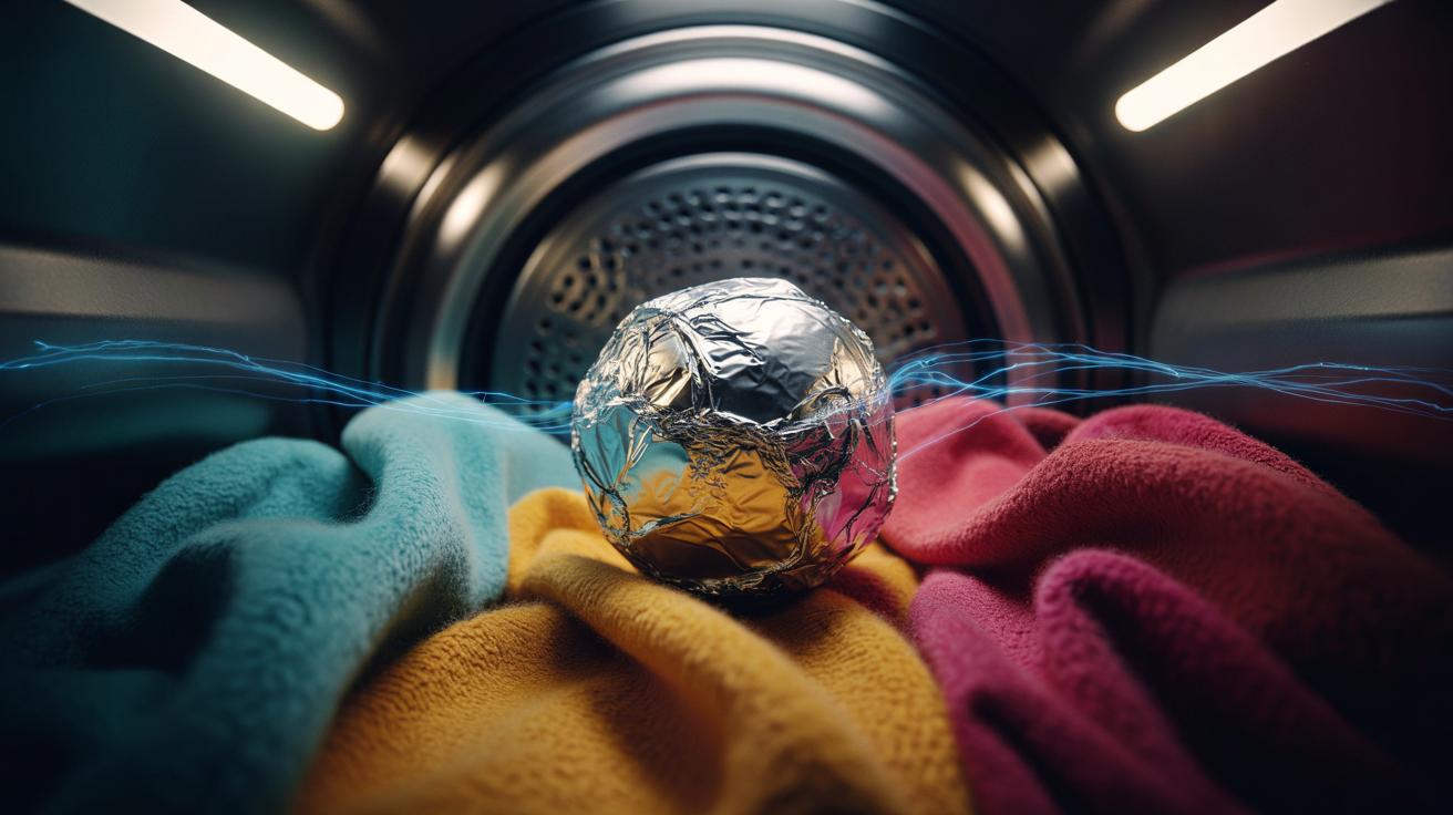 Illustration of an aluminium foil ball placed in a tumble dryer with clothes to keep laundry fluffy and static-free
