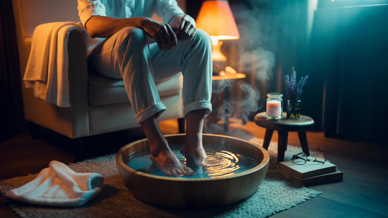 Illustration of a person soaking their feet in warm water to ease tension and promote full-body relaxation