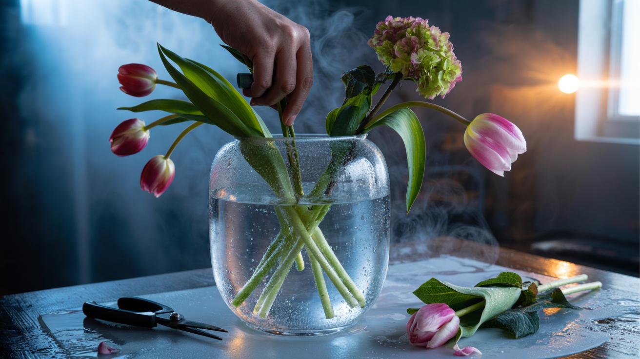 Illustration of droopy cut flowers being revived in near‑freezing water using the freezer‑chill trick