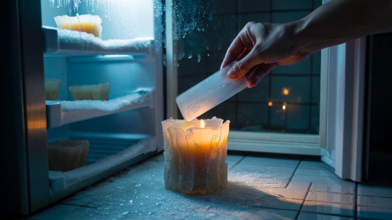 Illustration of the freezer method removing candle drips as a hand peels solidified wax off a glass candle holder with a plastic card