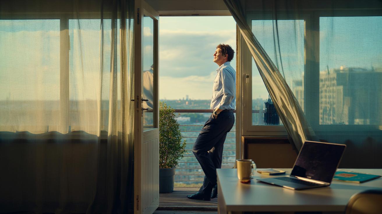 Illustration of an office worker stepping outside for a one-minute fresh-air breathing break to counter afternoon fatigue and boost oxygen-driven alertness