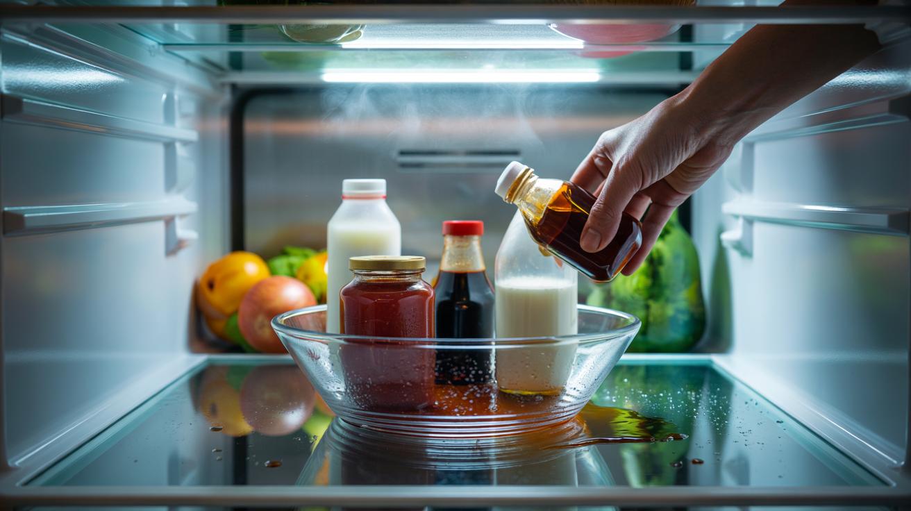 Illustration of a shallow catch-bowl on a refrigerator shelf corralling milk and condiments to trap spills and keep the shelf clean