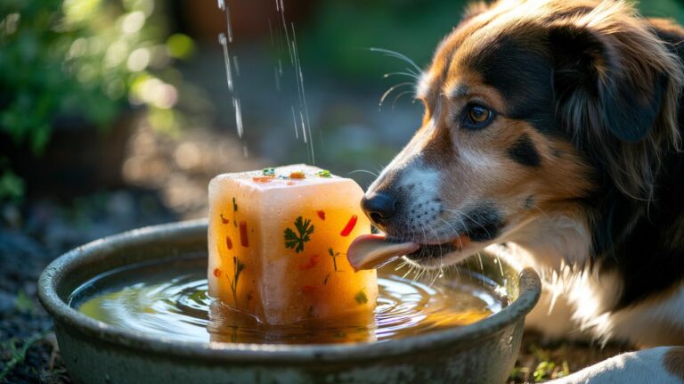 Illustration of a dog licking a slowly melting frozen-broth cube in a water bowl to boost hydration during summer