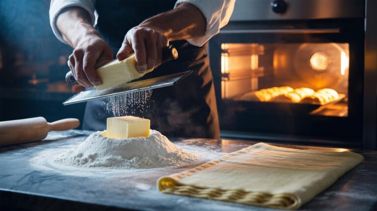 Illustration of the frozen-butter method in pastry, with solid frozen butter grated into flour and laminated to create flaky layers during baking
