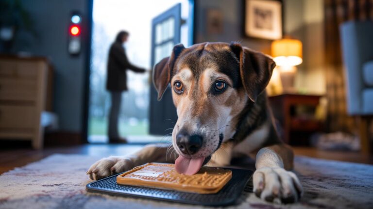 Illustration of a dog calmly licking frozen peanut butter from a lick mat to activate the calm reflex and reduce barking