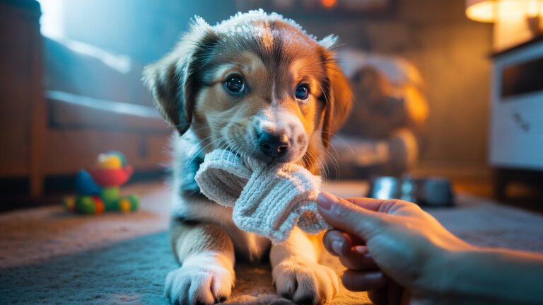 Illustration of a teething puppy chewing a frozen washcloth to ease gum pressure