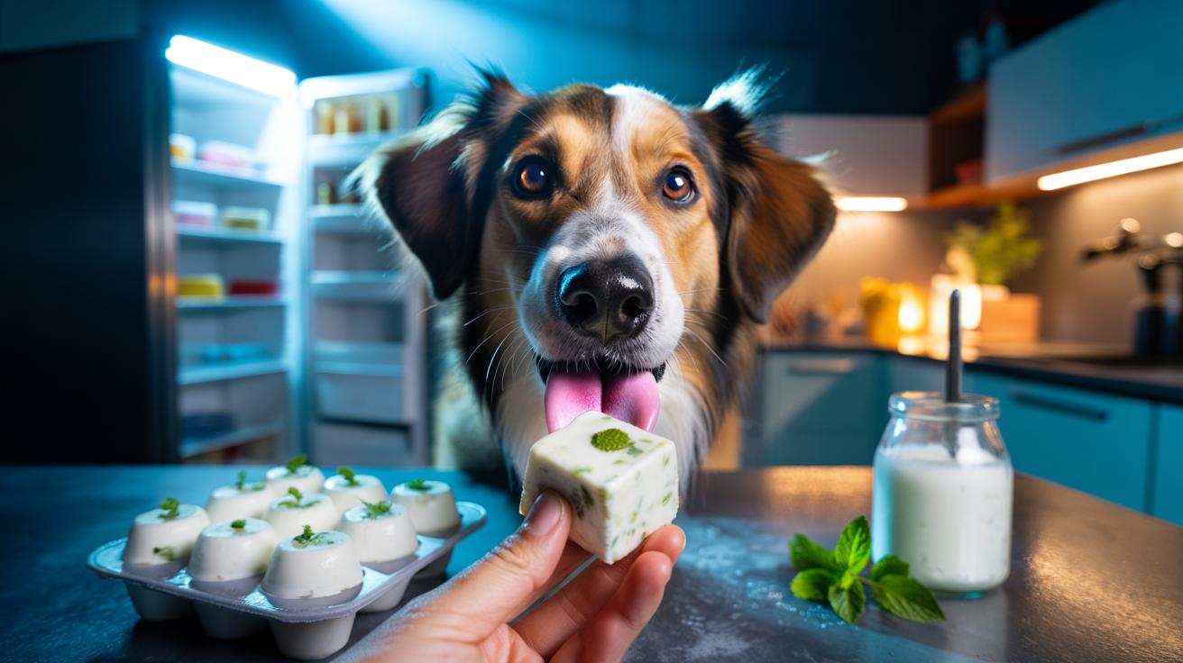 Illustration of a dog licking a frozen yoghurt probiotic bite to help freshen breath